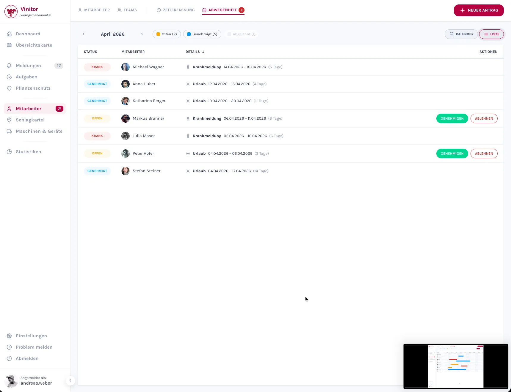 Screenshot: Abwesenheiten in der Listenansicht mit Status-Spalte