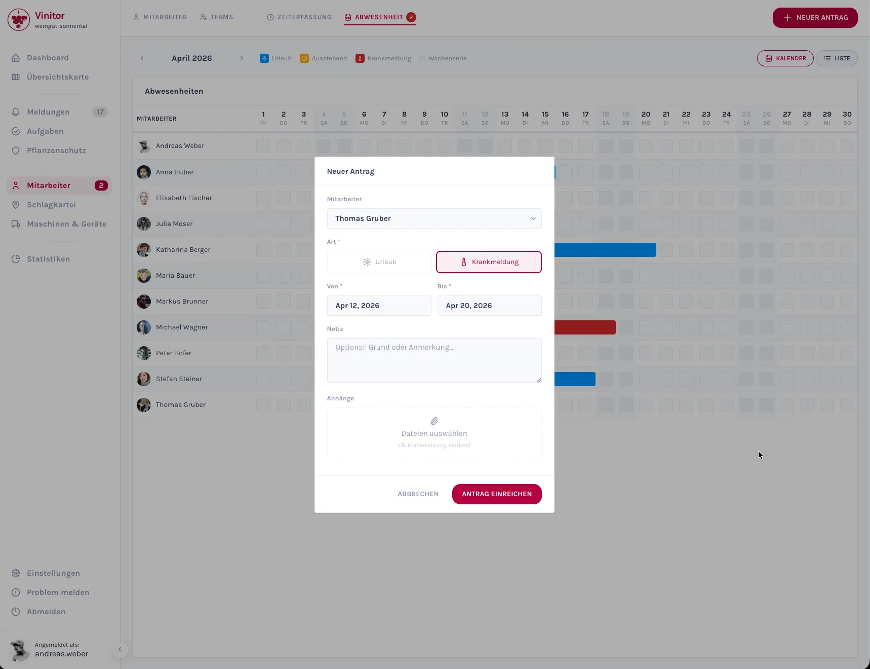 Screenshot: Abwesenheitsantrag-Dialog mit Typ-Auswahl und Anhang