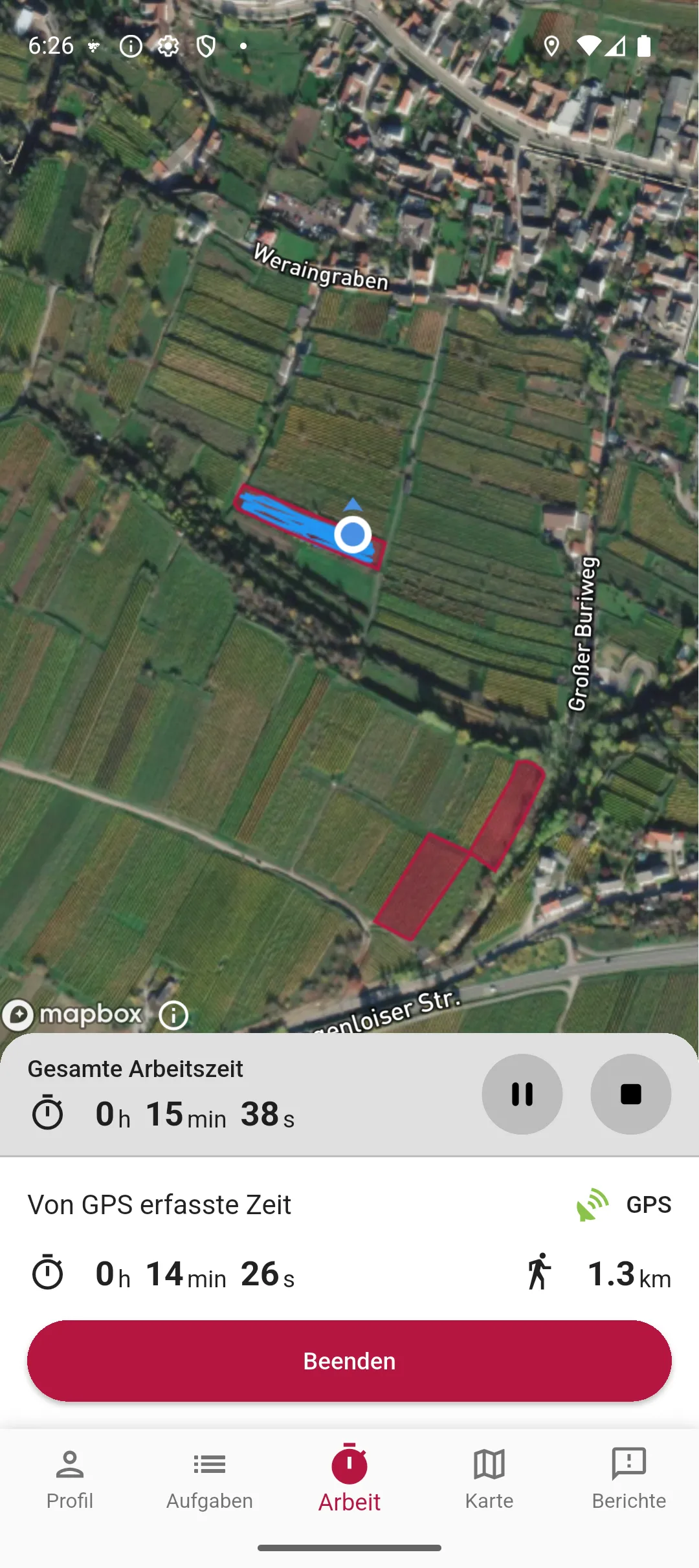 Vinitor App — laufende GPS-Aufzeichnung des Arbeitswegs im Weingarten