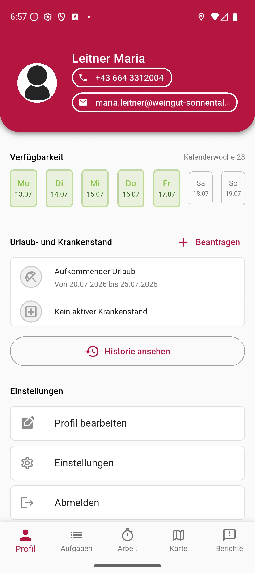 Vinitor App — eigenes Profil mit Telefon, E-Mail und Profilbild