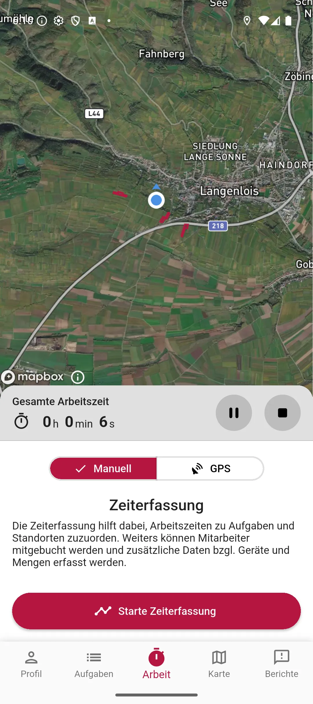 Vinitor App — laufender Arbeitstag mit Uhr und Pausen