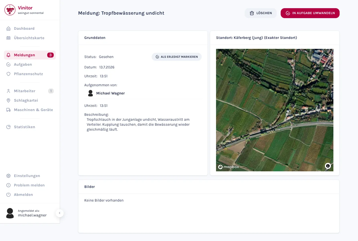 Vinitor Schadensmeldung im Dashboard — Meldung „Tropfbewässerung undicht“ mit Status, Standort auf der Karte und Schaltfläche „In Aufgabe umwandeln“.