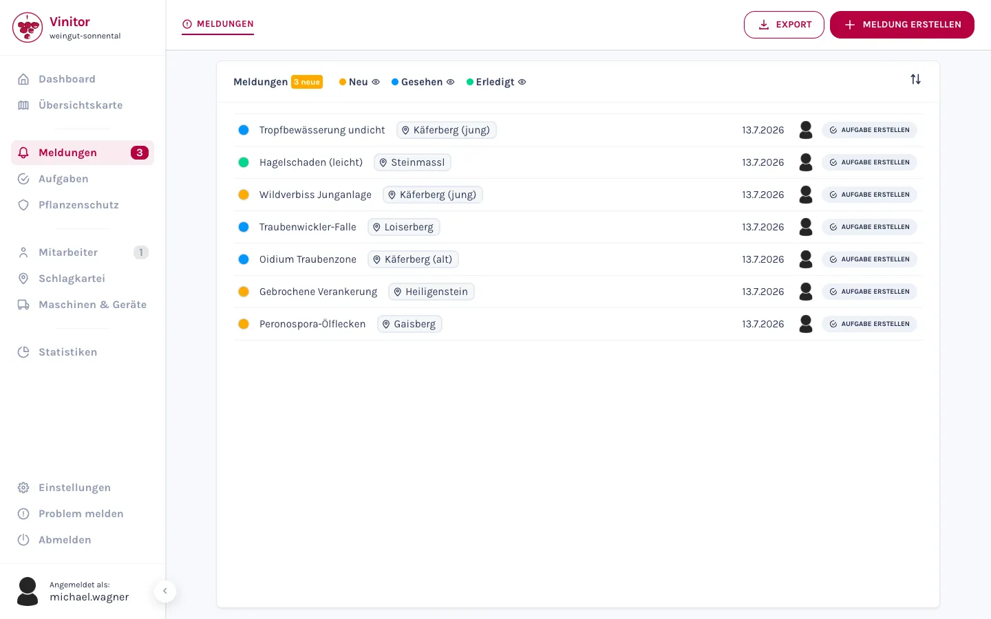 Vinitor Meldungsliste im Dashboard — Status-Filter, Sortierung und Zähler für neue Meldungen