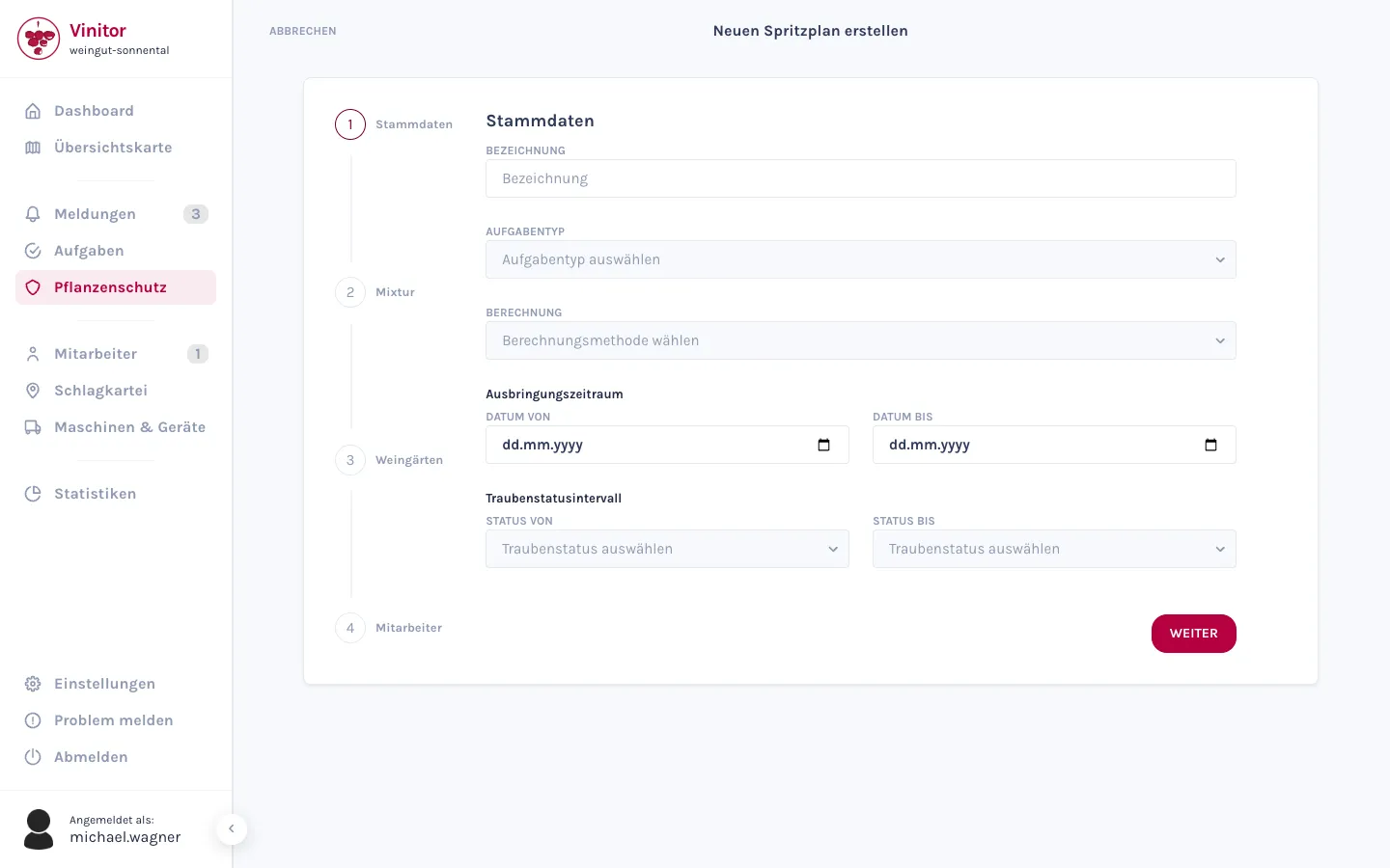 Vinitor Spritzplan-Assistent — vierstufiger Stepper mit Stammdaten, Mixtur, Weingärten und Mitarbeiter