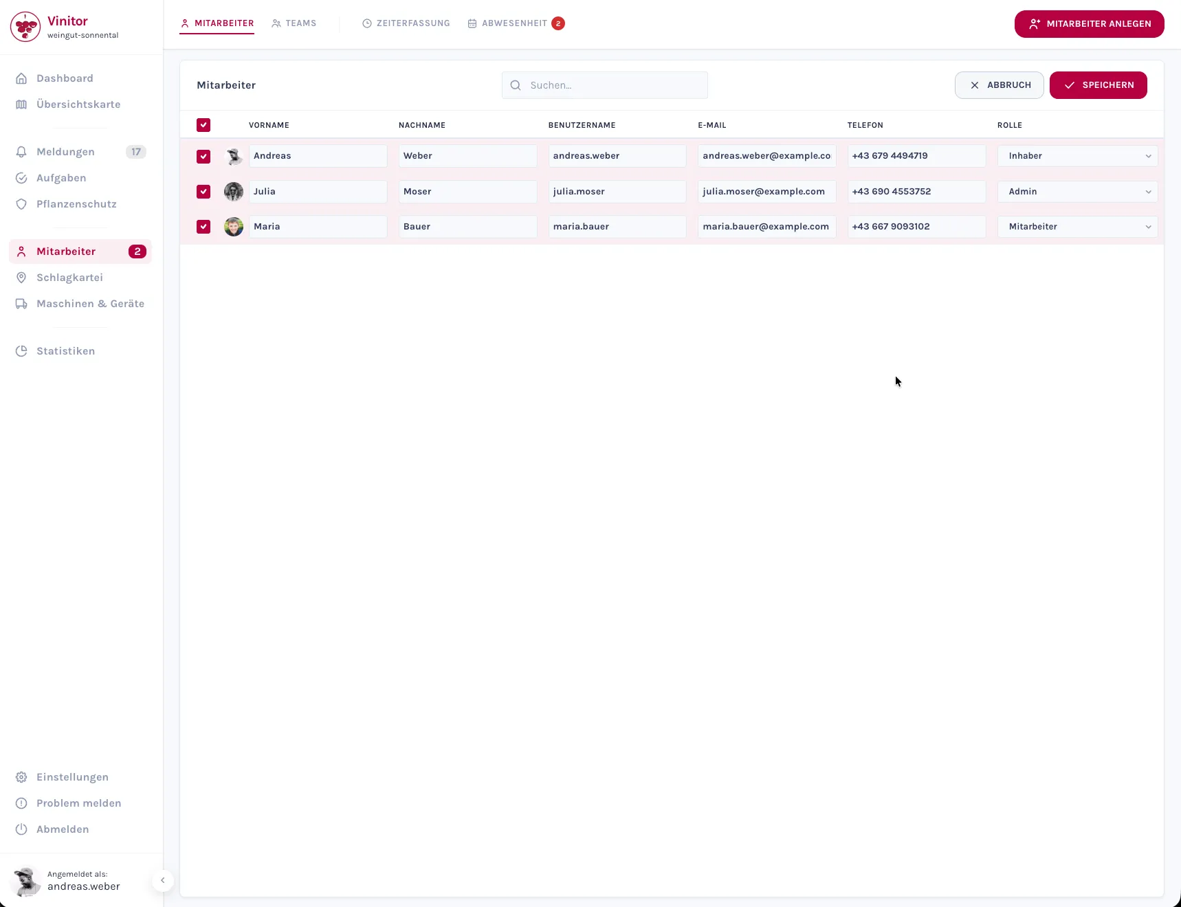 Screenshot: Neue Benutzer-Tabelle mit Rollen-Badges und Checkbox-Selektion