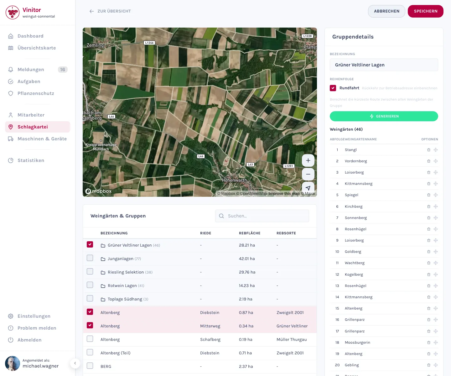 Vinitor Weingartengruppe — optimierte Rundfahrt auf der Karte