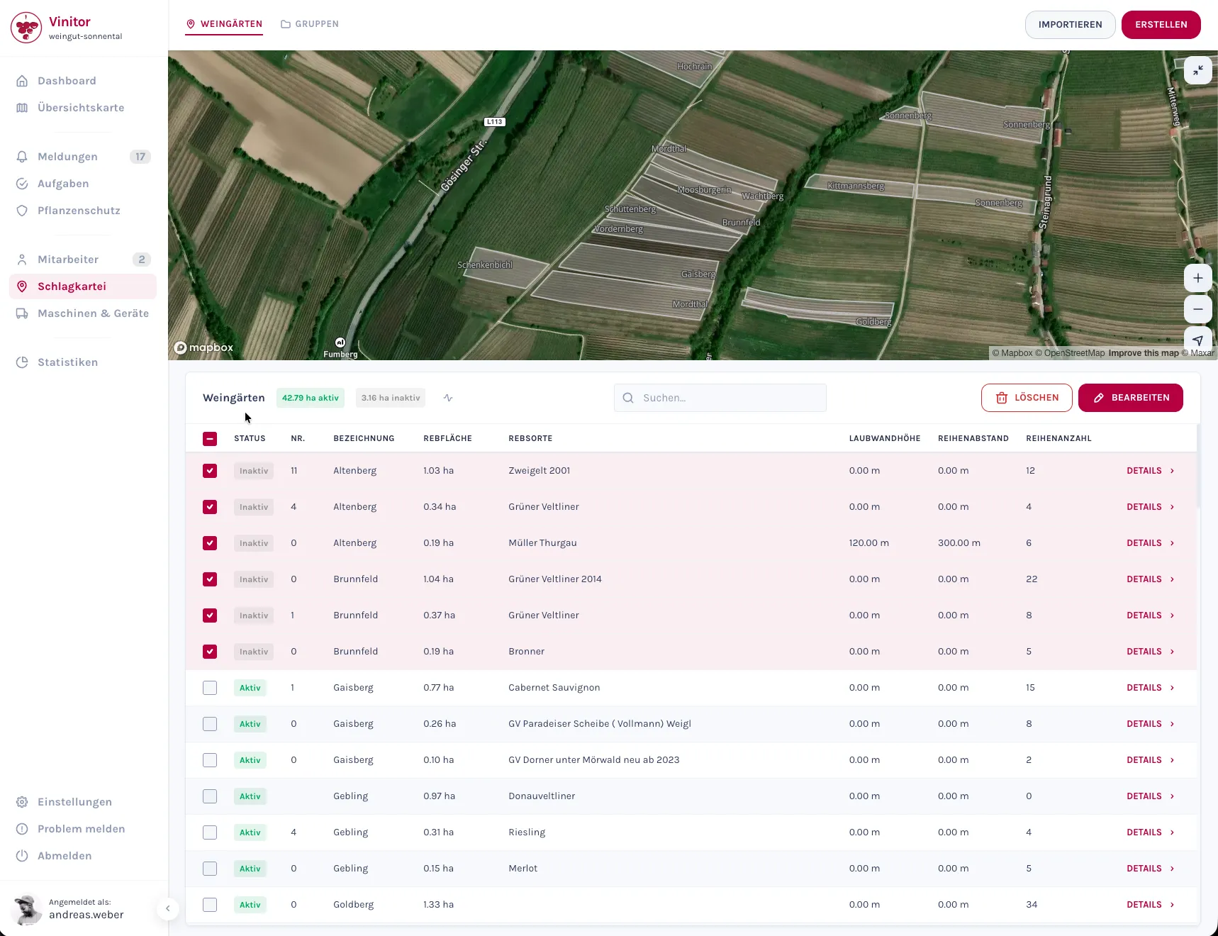Screenshot: Weingarten-Detailseite mit Aktiv/Inaktiv-Status-Badge