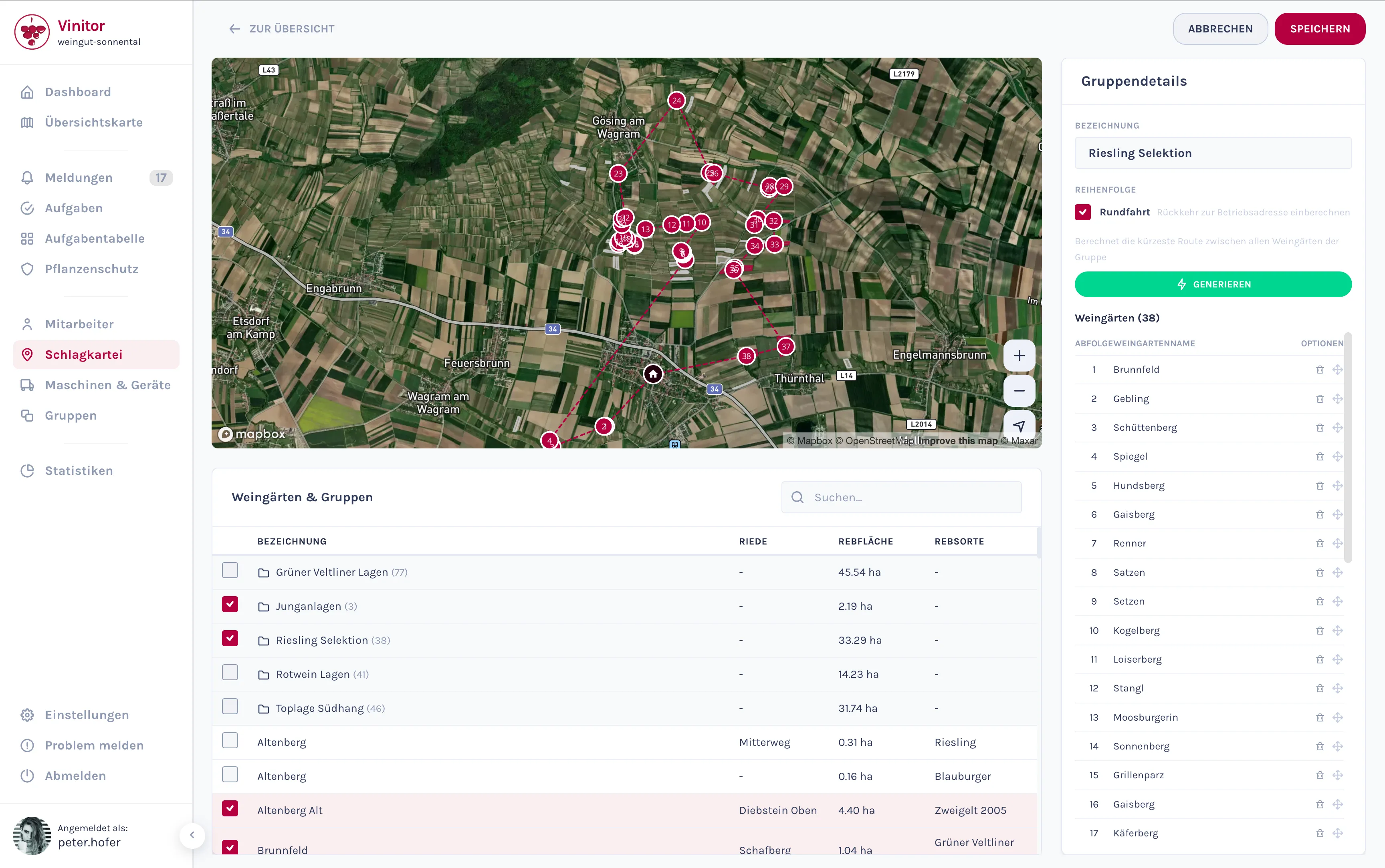 Screenshot: Gruppenbearbeitung mit Rundfahrt-Optimierung und Weingarten-Zuordnung